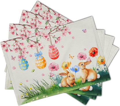 Giwawa Easter Placemats Set of 4 Spring Bunny Rabbits Flowers Place Mat 12x18 - Image 2