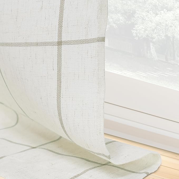 DriftAway Kitchen Curtains Striped Tier Linen Short Curtains Windowpane Plaid - Image 6