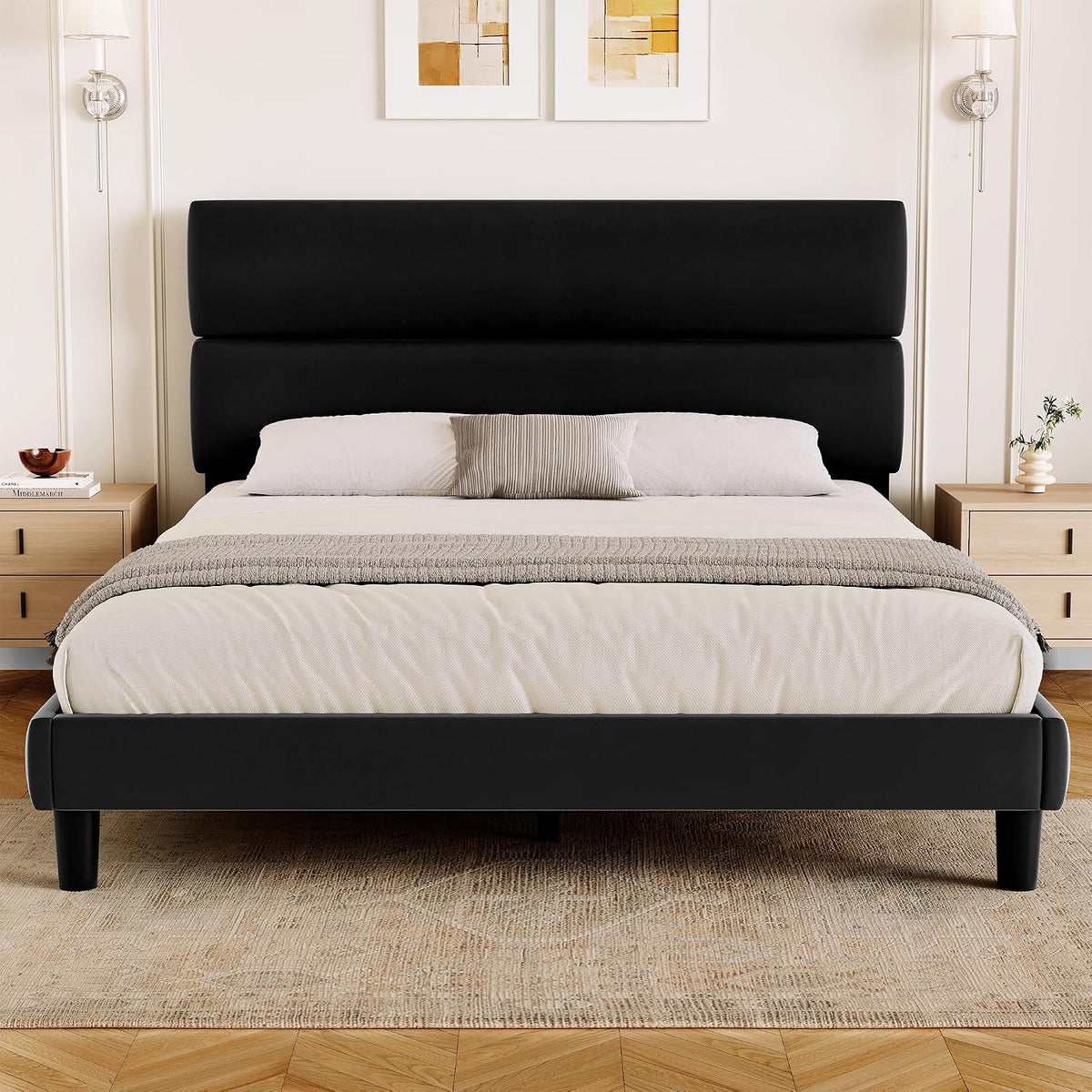 grusign queen size platform bed frame with velvet showing dimensions
