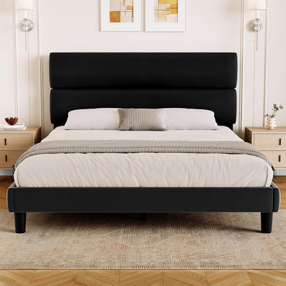 grusign queen size platform bed frame with velvet showing dimensions