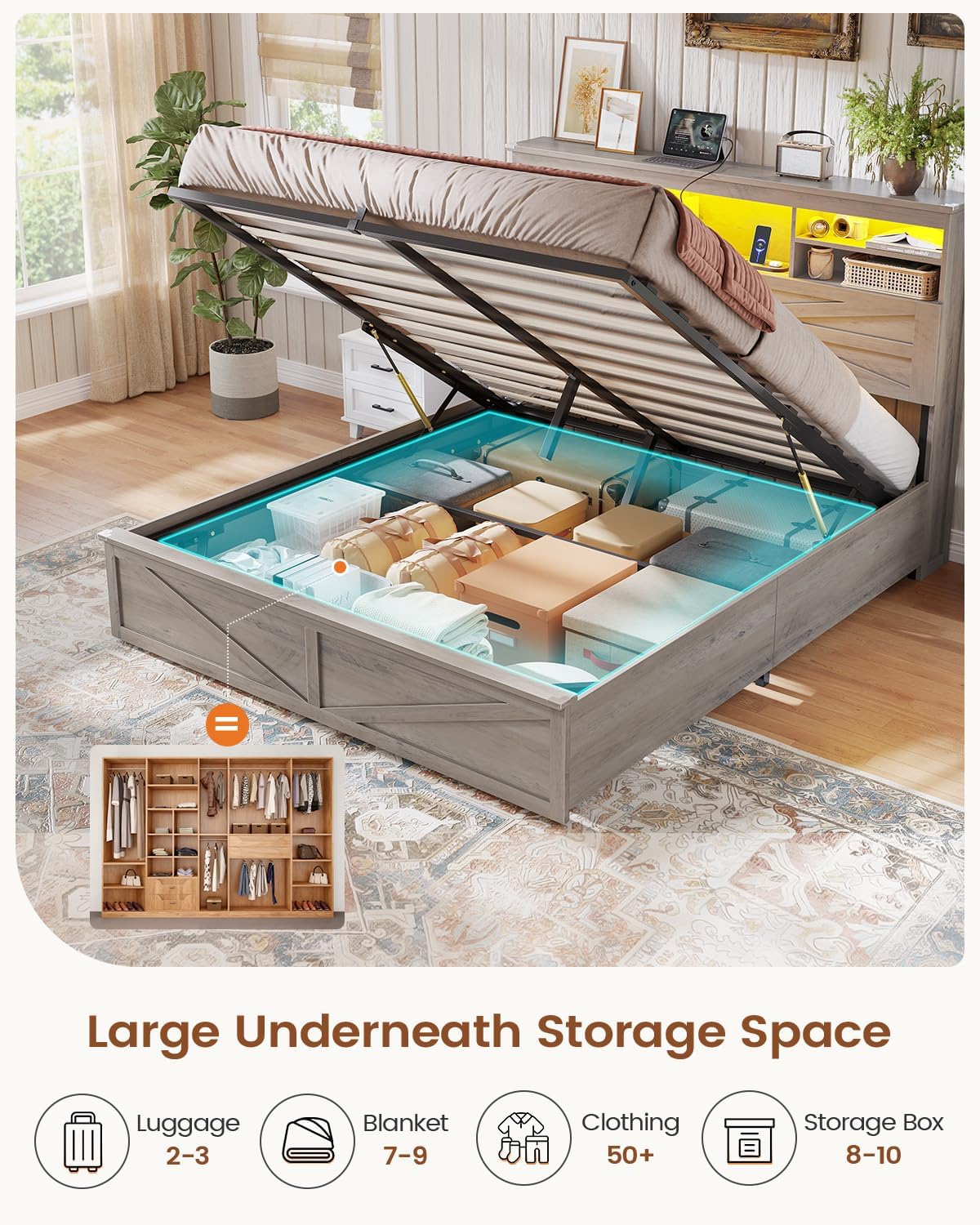 aogllati farmhouse full size bed frame with lift, side view