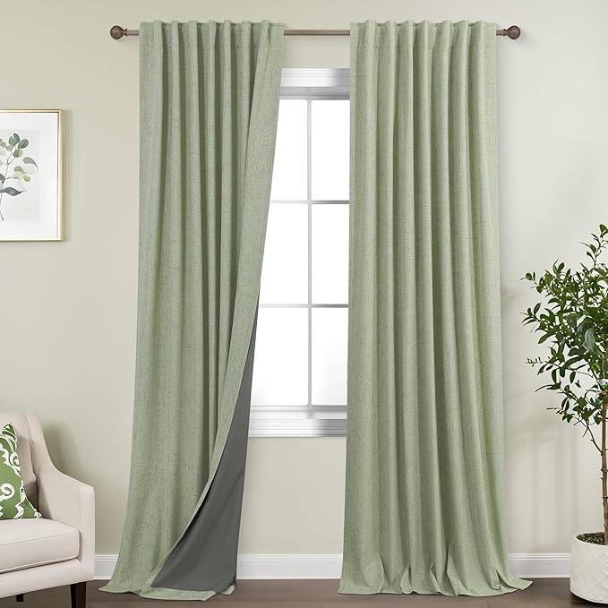 KOUFALL Extra Long 108 Inch Curtains Linen Blackout, Sage Green Thermal Heat by KOUFALL