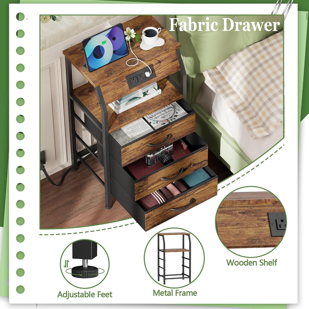 Furnulem Night Stand with Charging Station, 3 Fabric Drawers Bedside Table