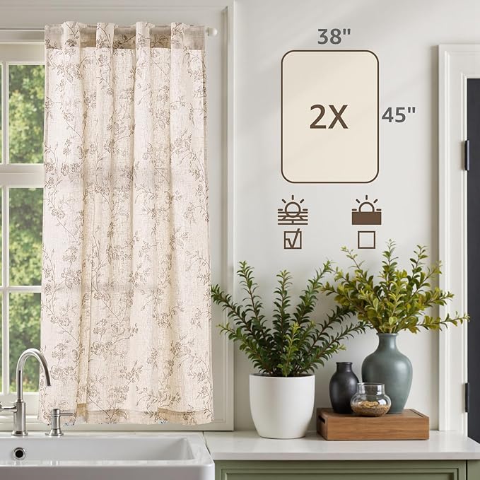 jinchan Floral Kitchen Curtains 45 Inch Linen Tier Curtains Farmhouse Cafe Half - Image 7