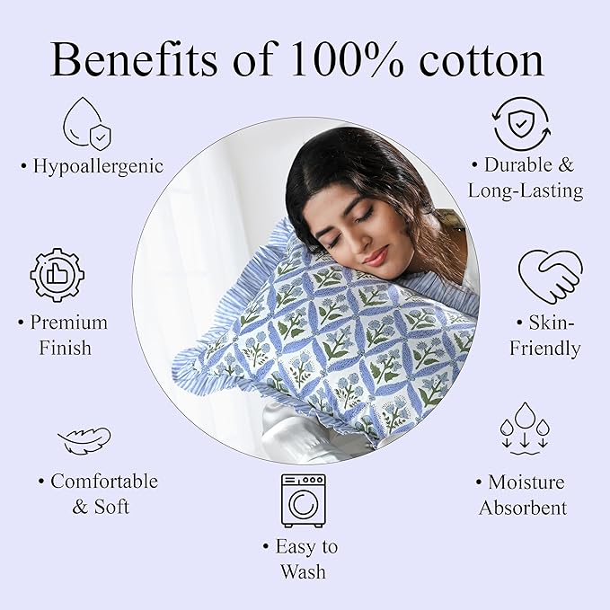 Ridhi Light Steel Blue 100% Cotton Block Print Ruffle Lumbar Sham Cover - Image 4