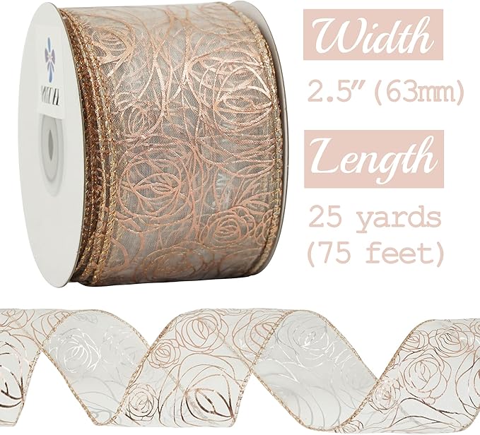 MEEDEE Floral 2.5 Inch Rose Gold Rose Wired Ribbon Wedding Bouquet Ribbons Rose - Image 2