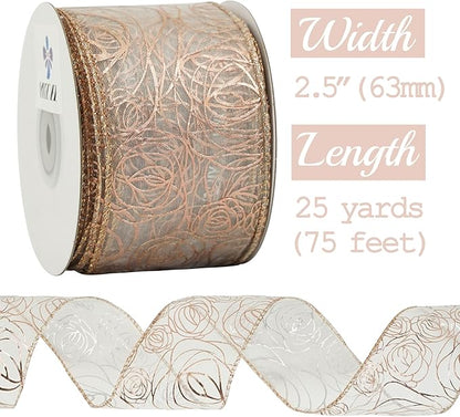 MEEDEE Floral 2.5 Inch Rose Gold Rose Wired Ribbon Wedding Bouquet Ribbons Rose - Image 2