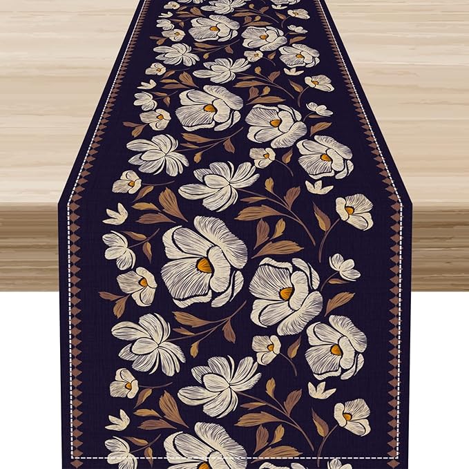 Dark Floral Table Runner, Abstract White Flower Seasonal Coffee Table Center by Unknown