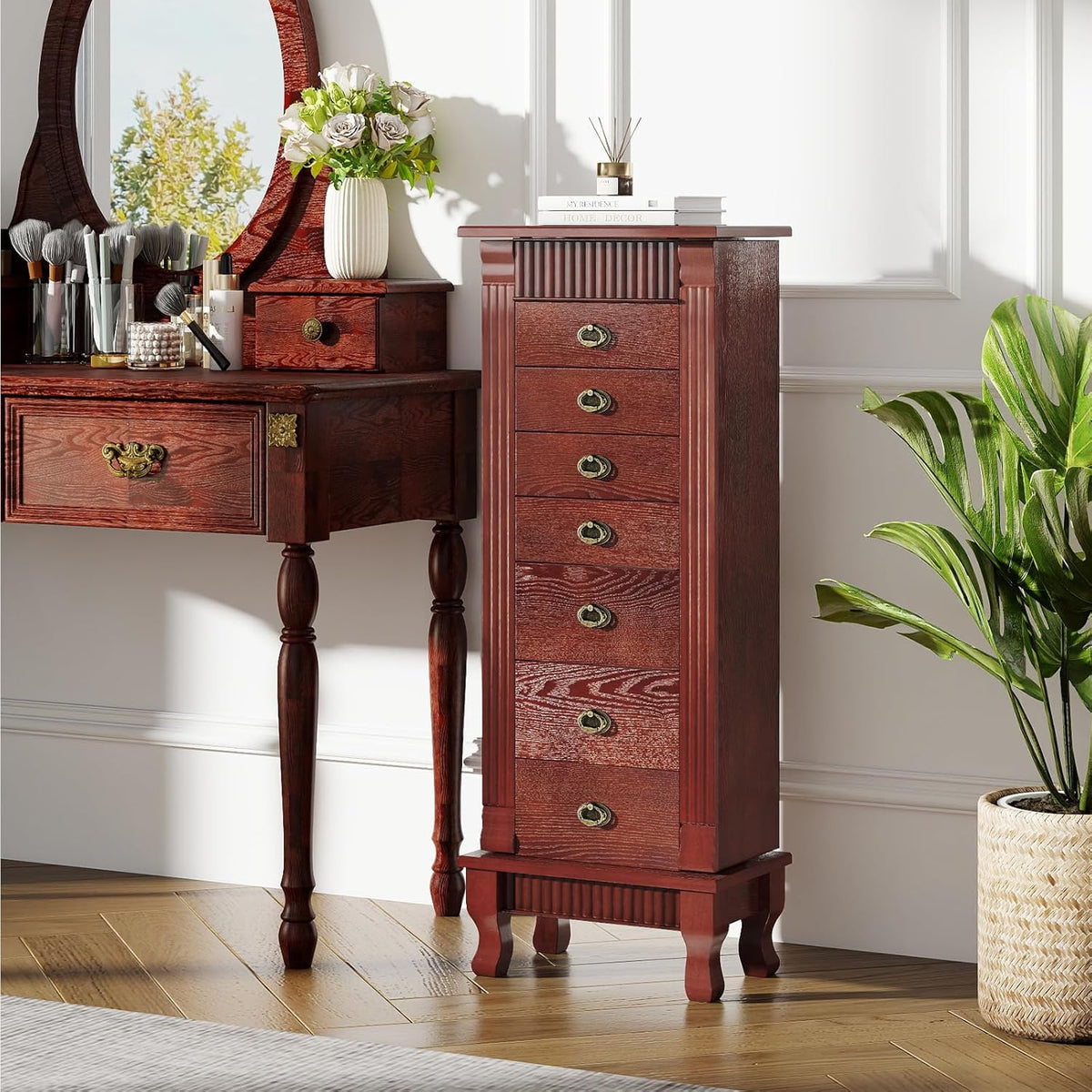giantex standing jewelry cabinet with 7 drawers, flip-top shown in use