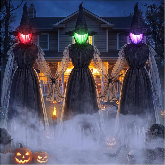 3 Pack Halloween Decorations Outdoor, 4.9FT Scary Witches Design, with Color Changing Glowing Face/Terrifying Sounds, Halloween Decor, for Lawn Garden Party