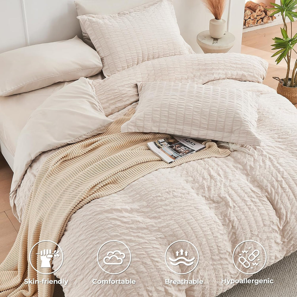 Full Comforter Set - 7PCS Bed in a Bag, Seersucker Bedding Set, Beige