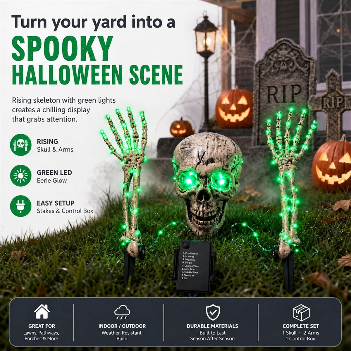 Halloween Skeleton Decorations Outdoor, 3-Piece Green LED Yard Stakes, Skull with Glowing Eyes & 18.7-Inch 8-Mode Lighted Arms, Battery-Powered for Lawn, Garden, Graveyard and Haunted House Scene
