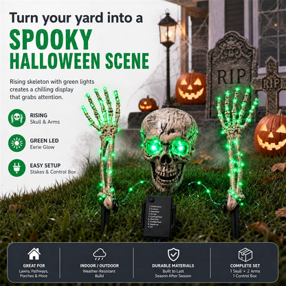 Halloween Skeleton Decorations Outdoor, 3-Piece Green LED Yard Stakes, Skull with Glowing Eyes & 18.7-Inch 8-Mode Lighted Arms, Battery-Powered for Lawn, Garden, Graveyard and Haunted House Scene