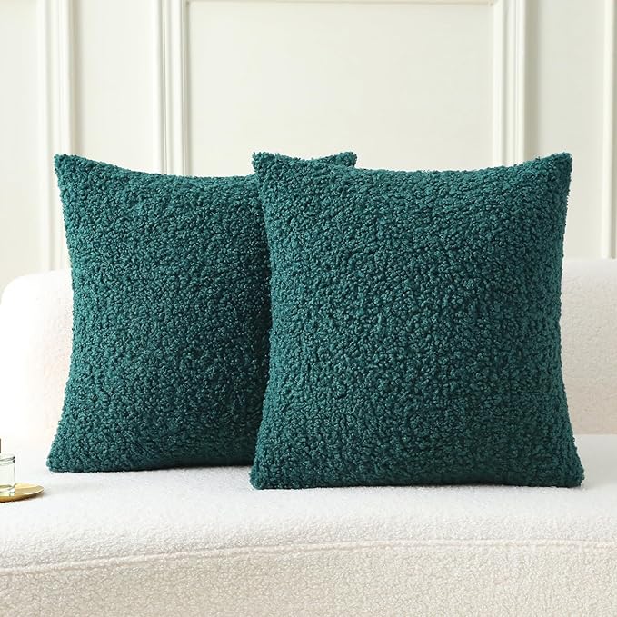 FUTEI Dark Green Throw Pillow Covers 22x22 Inch Set of 2, Furry Faux Fur Teddy by FUTEI