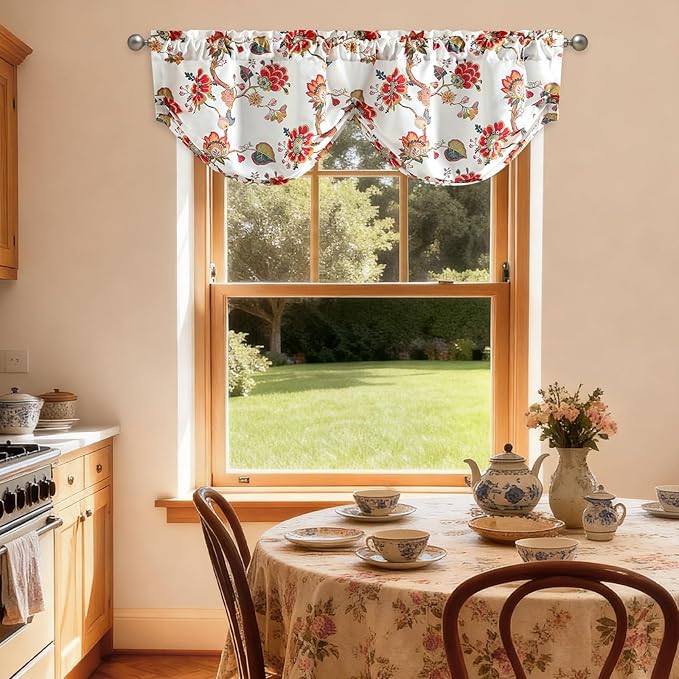 Leeva Red Vintage Floral Pleated Valance, Linen Textured Rod Pocket Curtain - Image 3