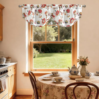 Leeva Red Vintage Floral Pleated Valance, Linen Textured Rod Pocket Curtain - Image 3