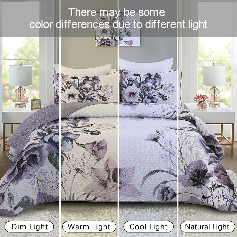 Drucon Purple Floral Quilt Set King 3 PCs Purple Botanical Flower Quilt Set