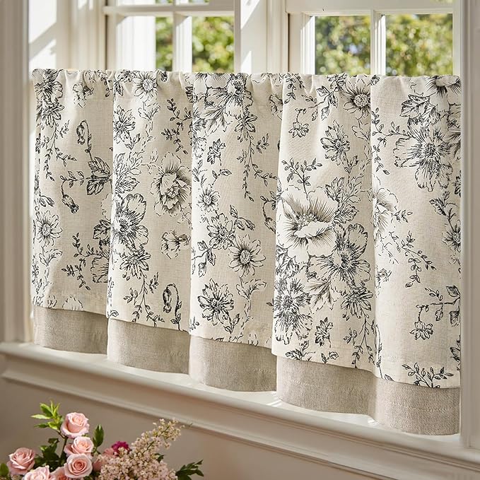 jinchan Linen Kitchen Curtain 24 Inch French Floral Double Layer Curtain - Image 5