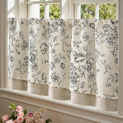jinchan Linen Kitchen Curtain 24 Inch French Floral Double Layer Curtain - Image 5