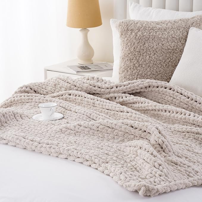 Battilo Beige Chunky Knit Throw Blanket, Soft and Thick Cream Chenille Throw - Image 5