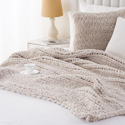 Battilo Beige Chunky Knit Throw Blanket, Soft and Thick Cream Chenille Throw - Image 5