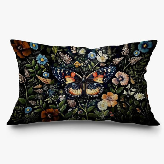 Vintage Moody Floral Butterfly Pillow Covers 12x20, Dark Academia Room Decor by Exqcom