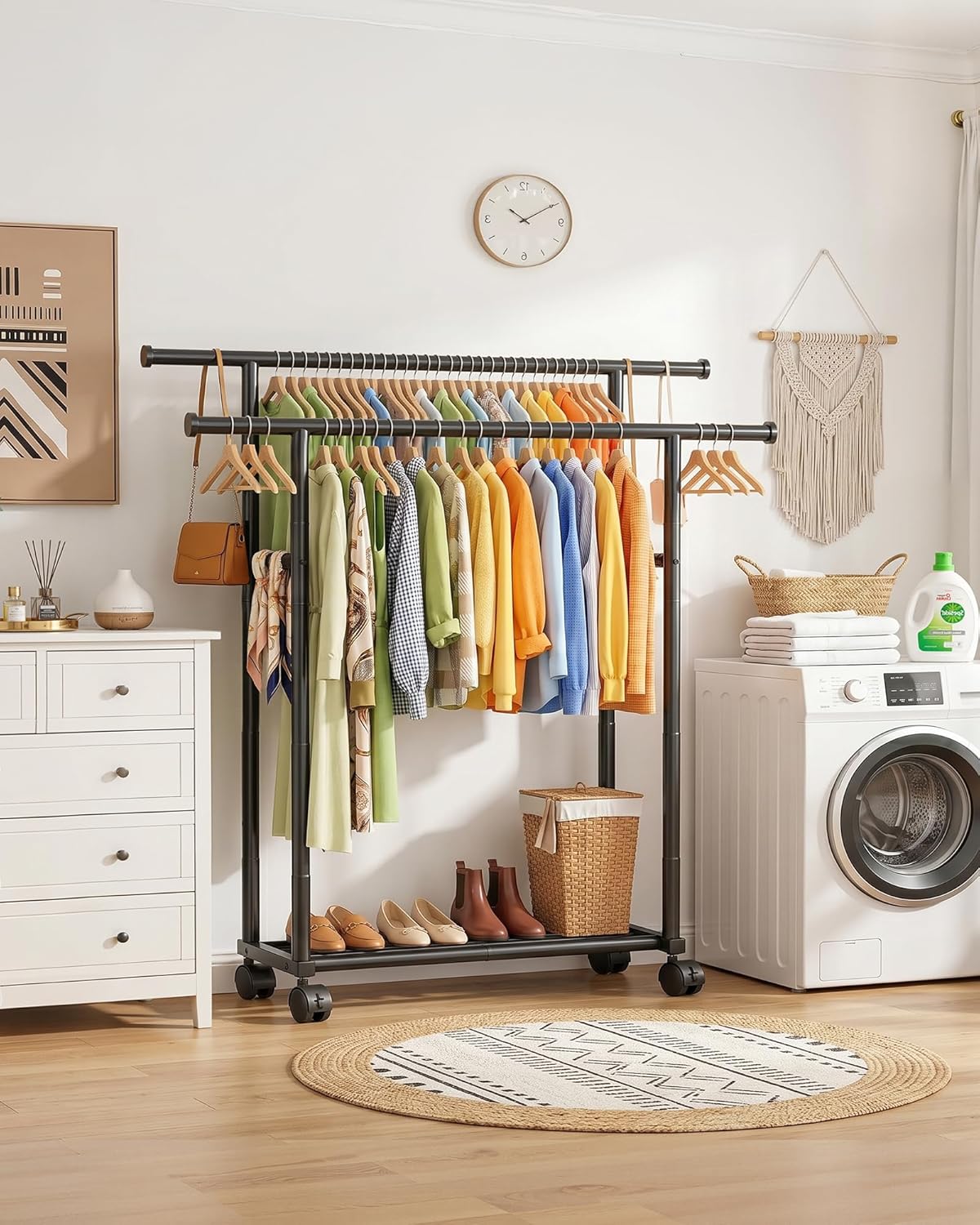 sakugi rolling double rod clothes rack with shelf showing dimensions
