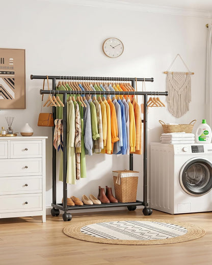 sakugi rolling double rod clothes rack with shelf showing dimensions