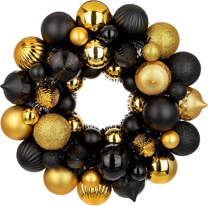 Halloween Ball Wreath 13" Xmas Wreaths Ornaments Glitter Thicken Shatterproof Garland Decoration for Christmas Door Wall Mantel Holiday Party Decor, Gold & Black