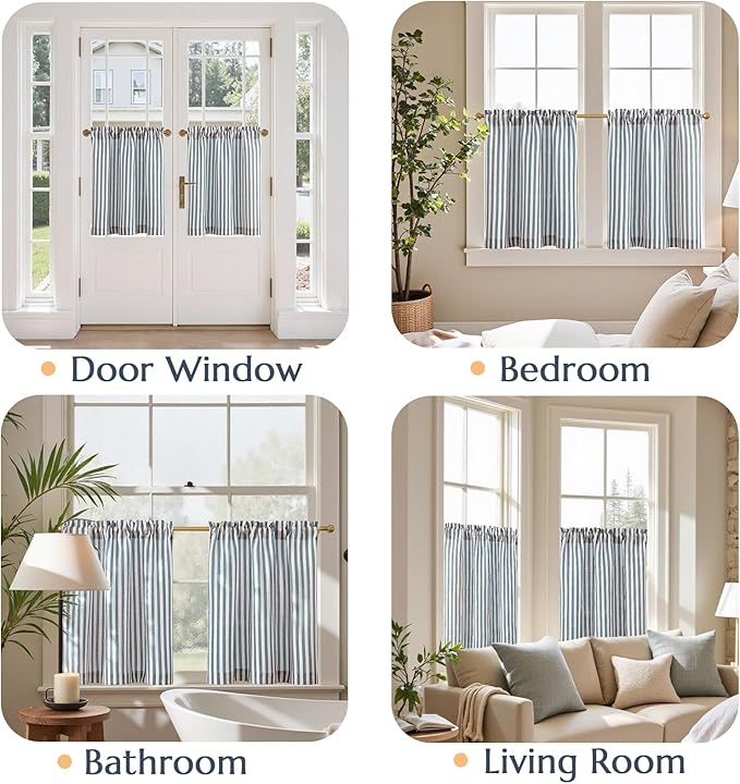jinchan Striped Linen Kitchen Curtains 24 Inches Length Tier Curtains Farmhouse - Image 4