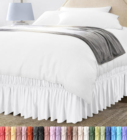 Wrap Around Ruffle Queen Size Bed Skirt – Adjustable Buckle & Elastic Belt for Easy Installation, 16 Inch Drop – Brushed Microfiber - Machine Washable, Fade and Wrinkle Resistant, White