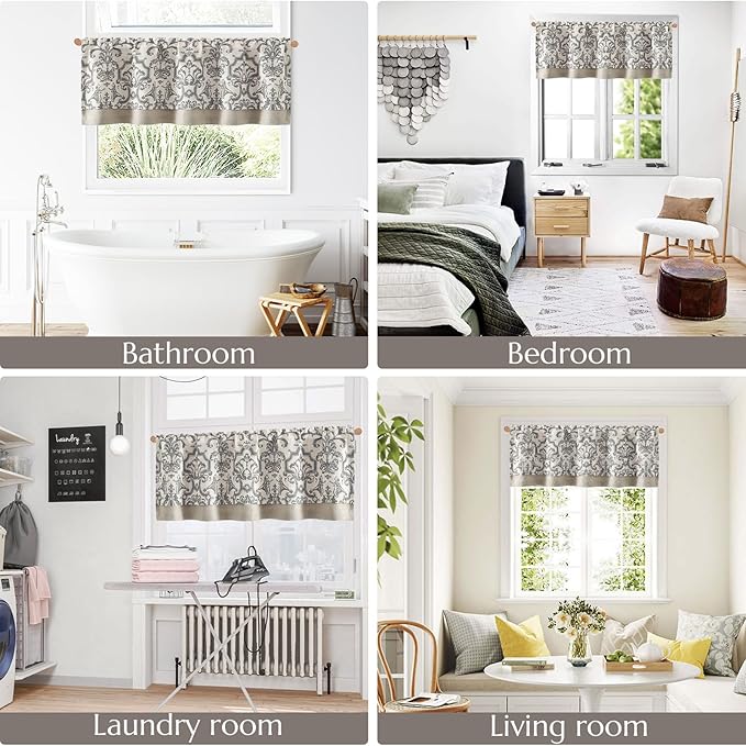 jinchan Linen Valance Curtain for Kitchen Vintage Damask Floral Blackout - Image 7