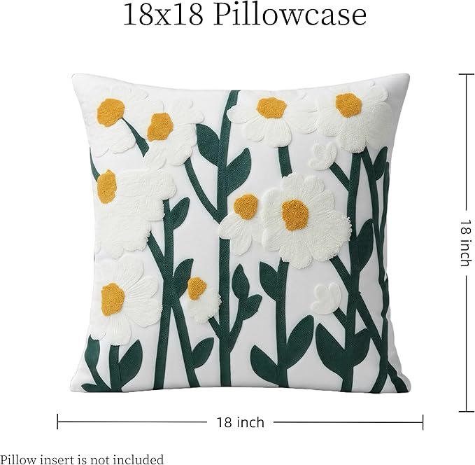 18x18 Embroidered Throw Pillow Cover – Green Daisy Floral Cotton Decorative - Image 6