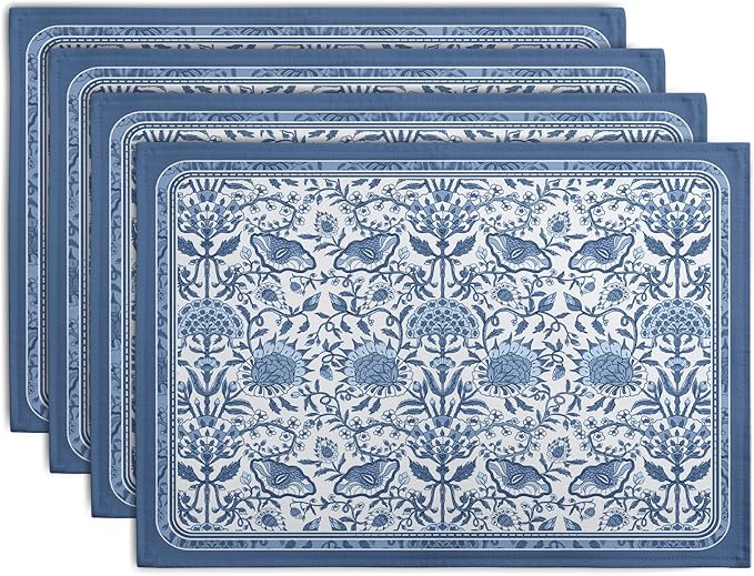 Blue Floral Boho Placemats Set of 4, 12x18 Inch Vintage Chinoiserie Block Print by Wnoesat