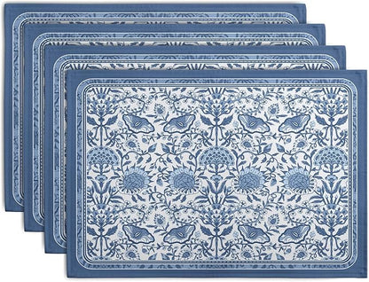 Blue Floral Boho Placemats Set of 4, 12x18 Inch Vintage Chinoiserie Block Print by Wnoesat