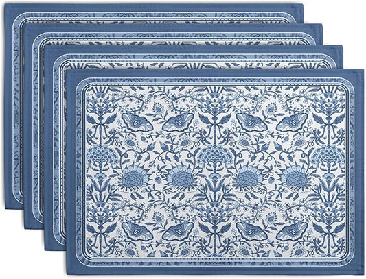 Blue Floral Boho Placemats Set of 4, 12x18 Inch Vintage Chinoiserie Block Print by Wnoesat