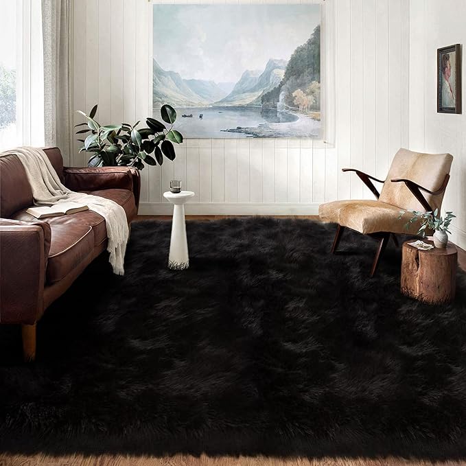 Latepis 9 x 12 Area Rug for Living Room Black Fur Faux Sheepskin Fluffy Rug for by Latepis