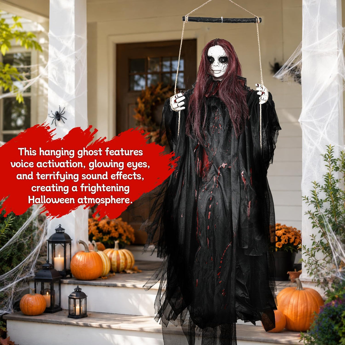 59" Scary Hanging Ghost Girl Halloween Decoration – Sound & Touch Activated Swinging Doll with Red Eyes & Creepy Sounds, Outdoor/Indoor Decor for Haunted House, Graveyard, Yard & Party