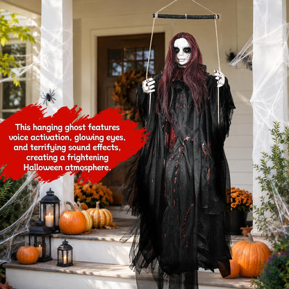 59" Scary Hanging Ghost Girl Halloween Decoration – Sound & Touch Activated Swinging Doll with Red Eyes & Creepy Sounds, Outdoor/Indoor Decor for Haunted House, Graveyard, Yard & Party