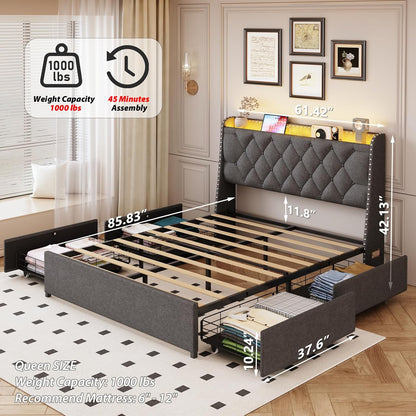 tigubfre queen size bed frame with 4 drawers shown in use