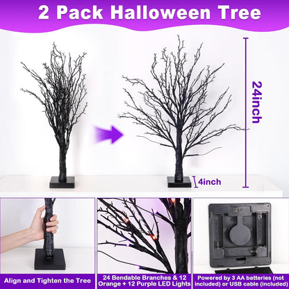 2 Pack 24 Inch Black Halloween Tree with 24 LED Orange Purple Lights, USB Battery Operated Halloween Table Decorations Tree Light with Timer, Scary Halloween Decorations Indoor for Home Party Decor