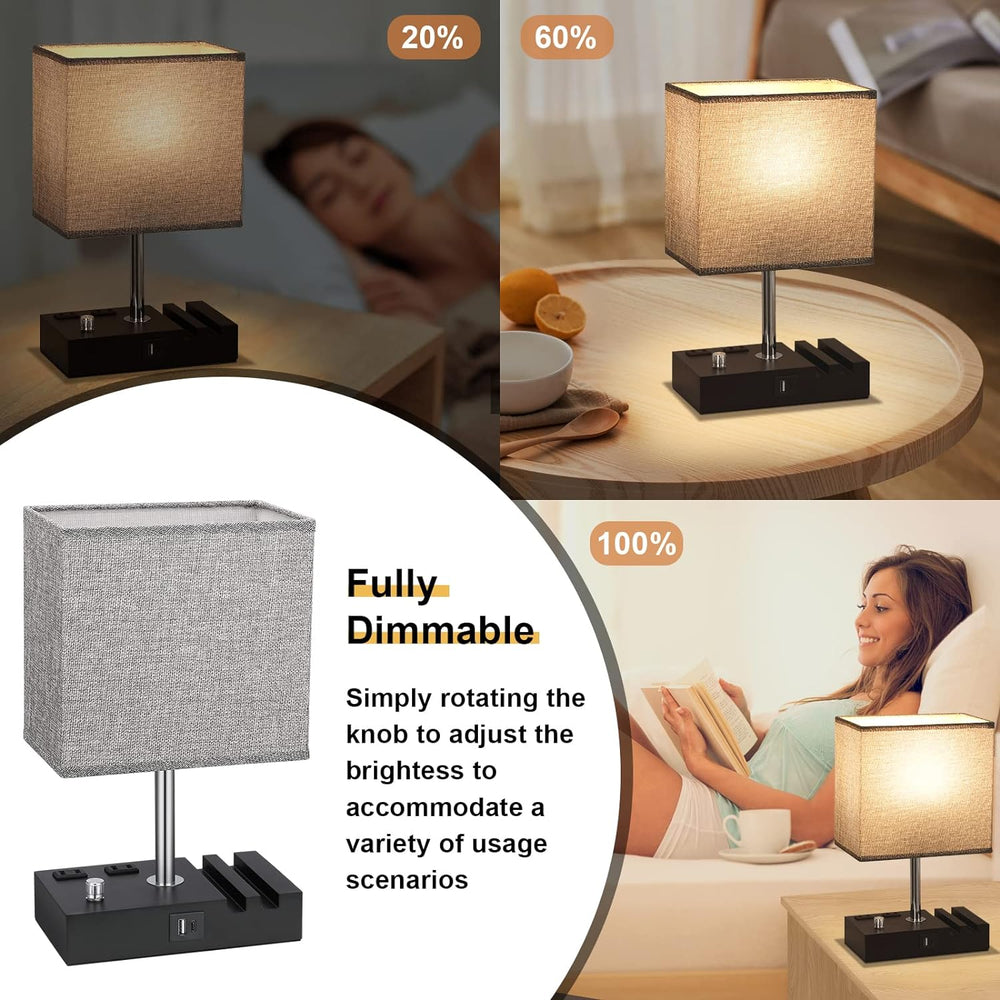 Bedside Table Lamp for Bedroom Nightstand - Stepless Dimmable, 2 AC Outlets