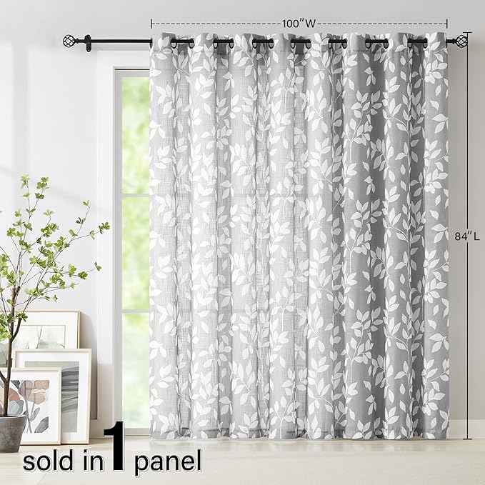 Grey White Sliding Door Curtain 84 inch Length Semi Sheer Leaf Print Curtains - Image 6