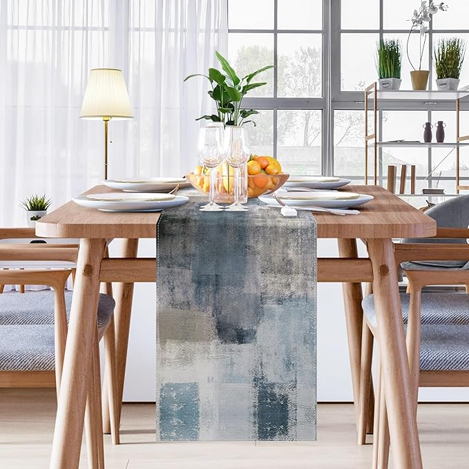 Emvency Farmhouse Table Runner, Vintage Blue and Grey Abstract Art Painting - Image 5