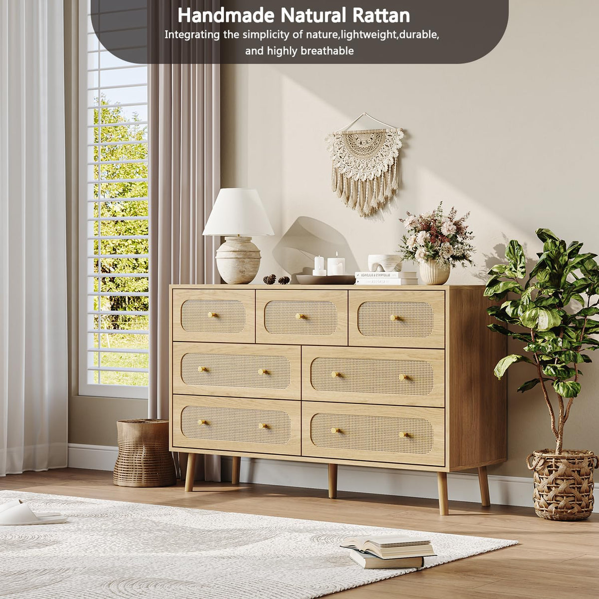 hourom 47.2“ wide rattan 7 drawer dresser with, view 9