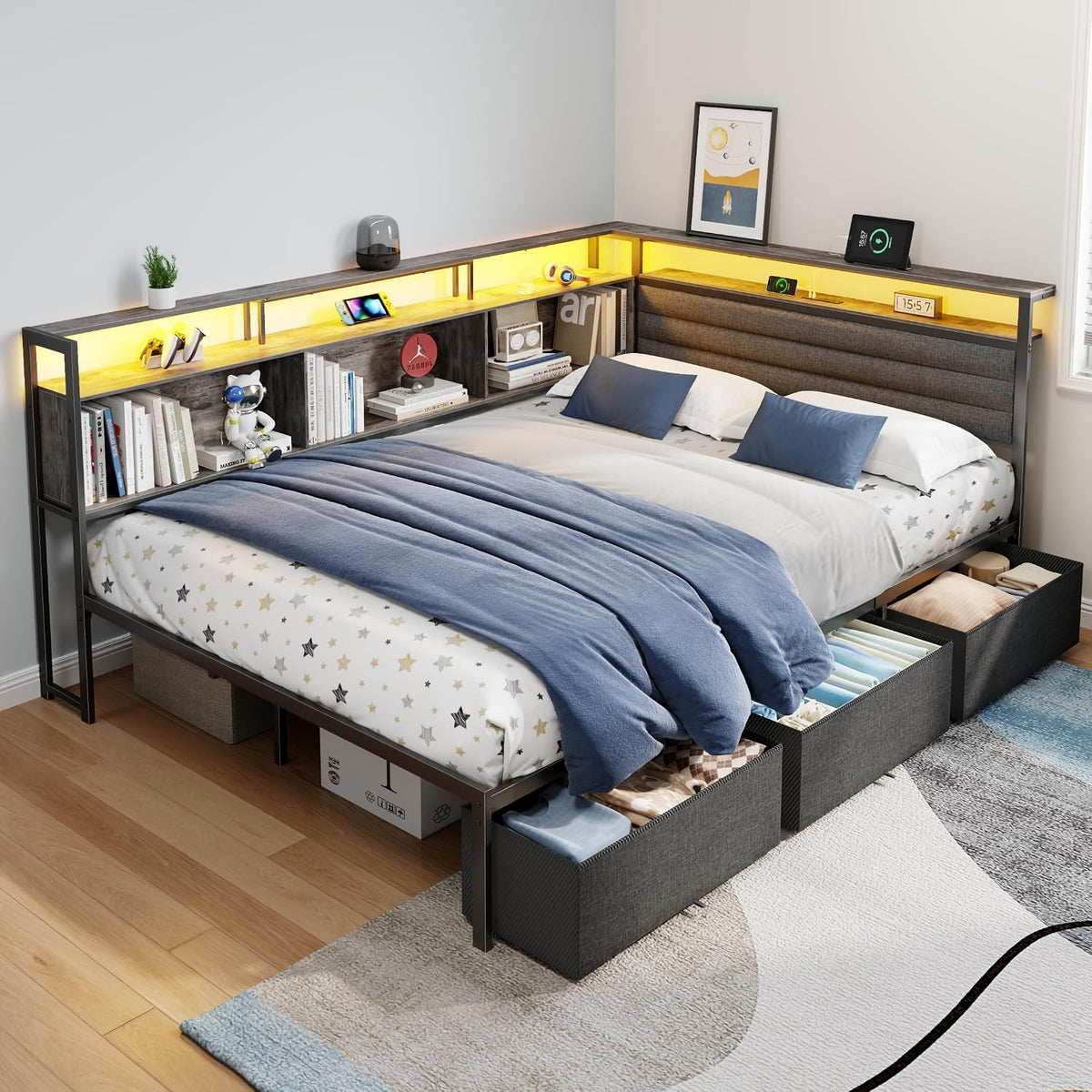 ourpic full corner bed frame with 3 storage, view 9