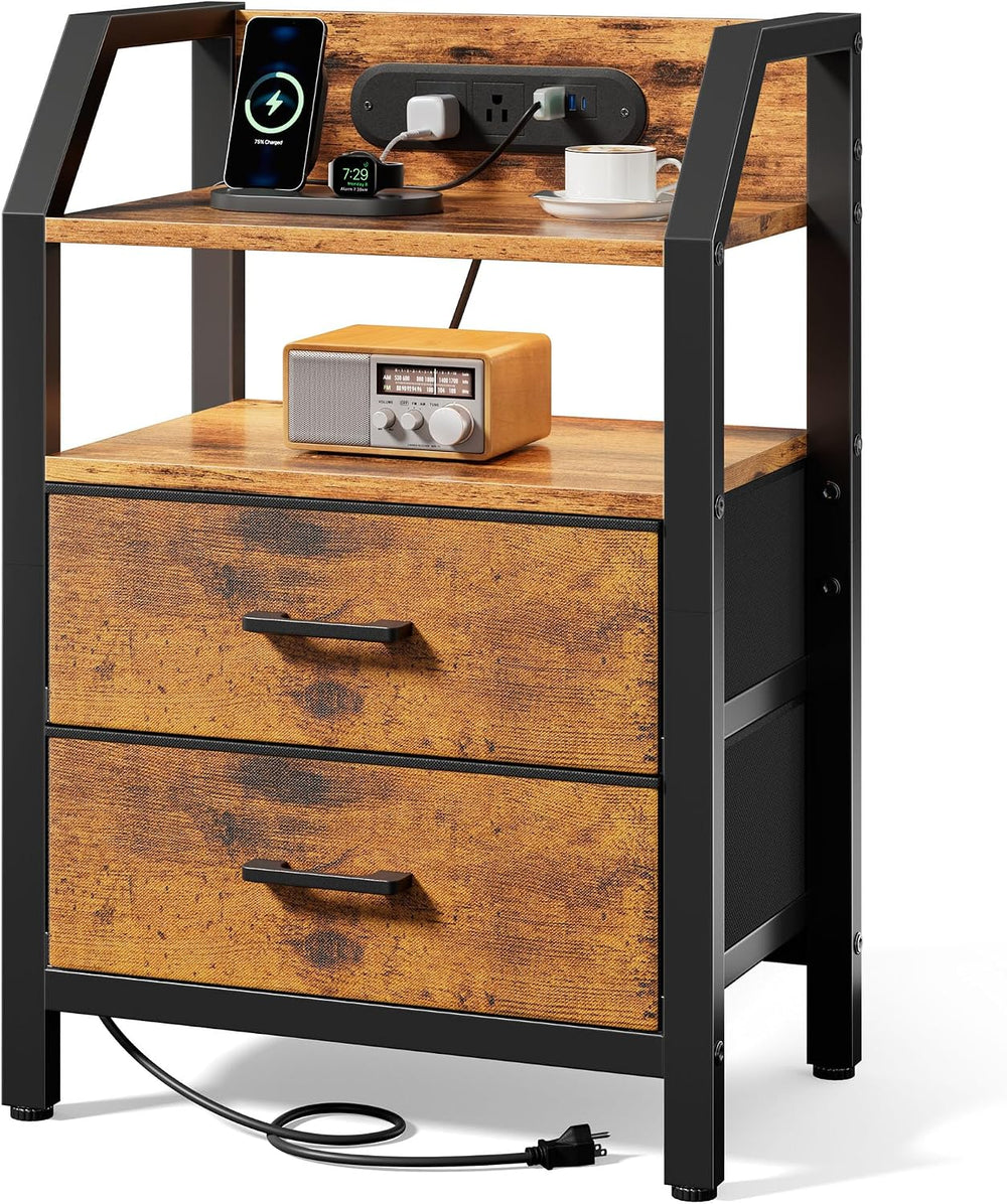 HLDIRECT Nightstand with Built-in Charging Station & Warm LED Light