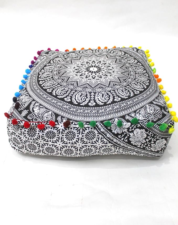 CRAFT KALA Black Elephant Flower Large Hippie Mandala Meditation Floor Ottoman - Image 5