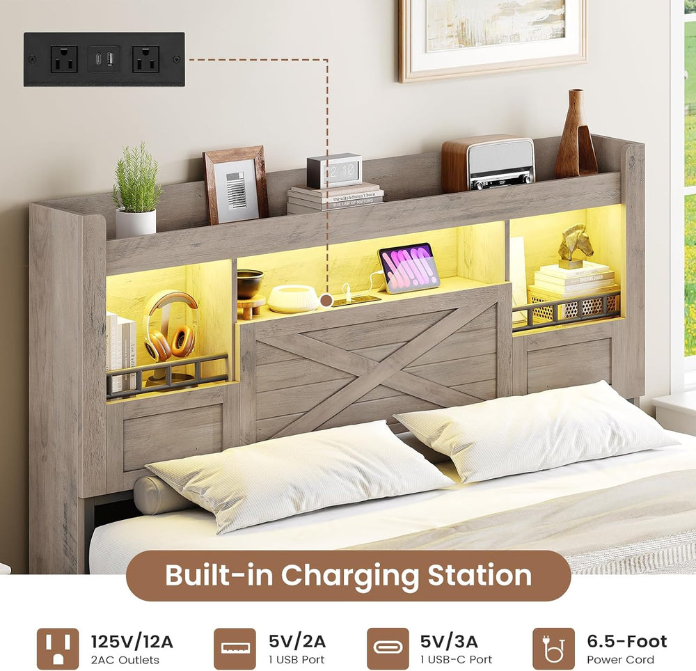 Farmhouse Full Size Bed Frame with Flip-Down Bookcase Storage Headboard and 4...