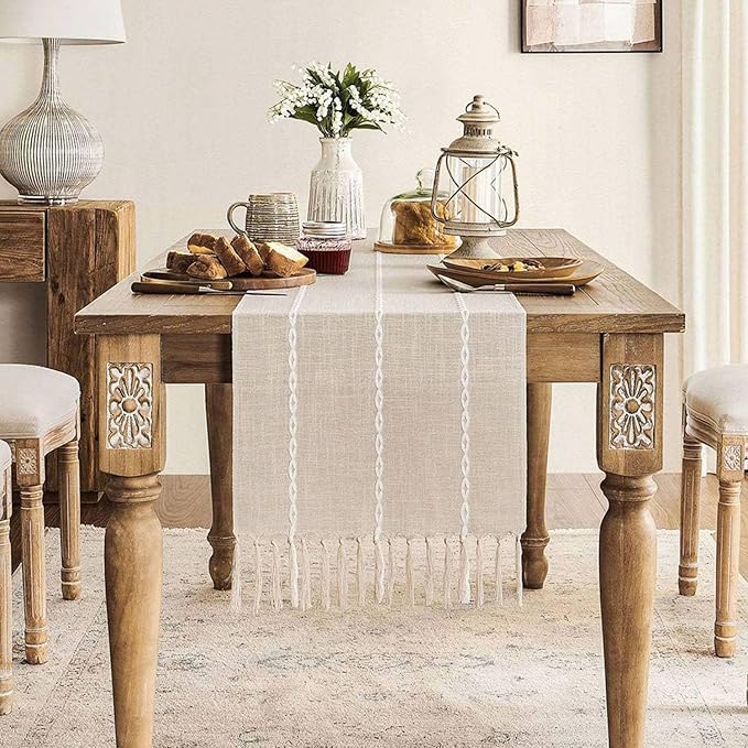 ZeeMart Farmhouse Braided Striped Table Runner, Rustic Cream Table Runners 36 by ZEEMARTONLINE